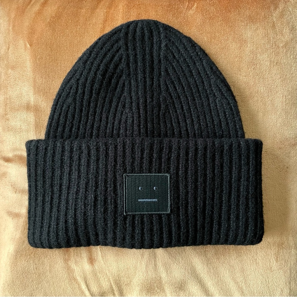ACNE STUDIOS FACE LOGO RIBBED WOOL BEANIE BLACK